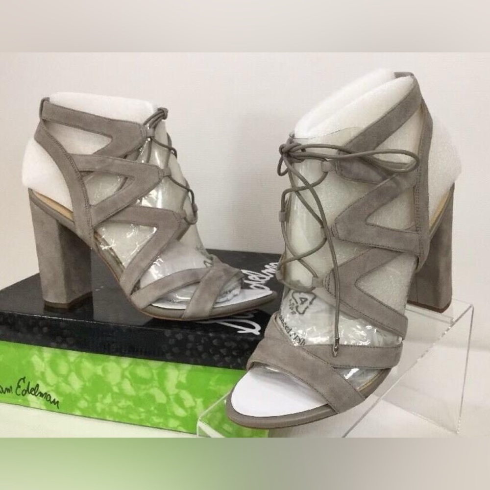 Sam Edelman Yardley Putty grey Suede Lace Up Open Toe Chunky Heel Sandal 9.5